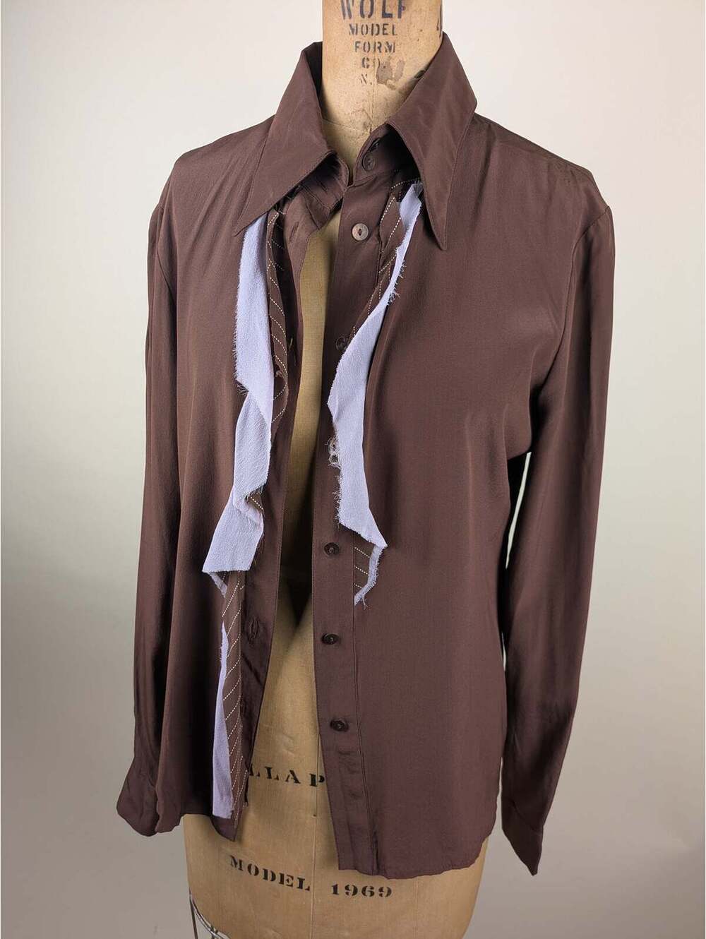 90's/Y2K philosophy di alberta ferretti brown silk ruffle shirt
